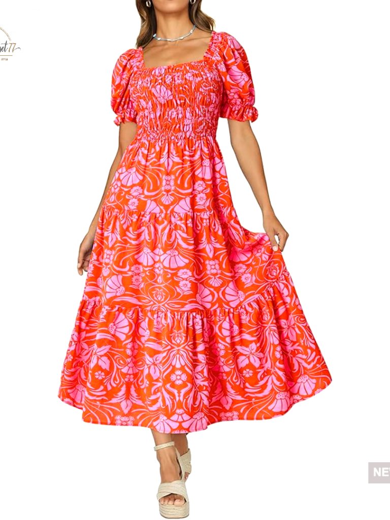 Boho Floral Maxi Dress Square Neck Puff Sleeve Smocked Top A-Line